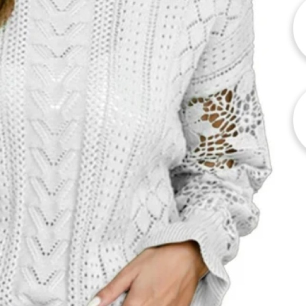 AMAZON White Crochet & Embroidery Knit Ruffled Cuff Lightweight Sweater S NWOT - Picture 6 of 9